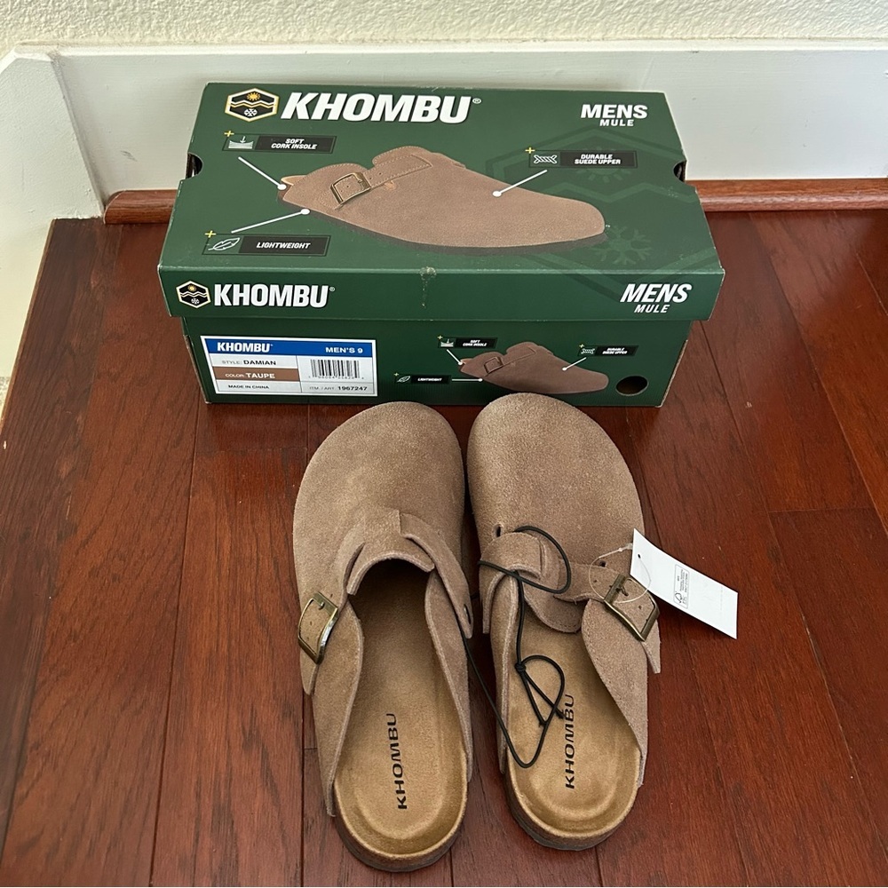 Khombu Mule Shoes Mens Size 9 Taupe Slip On Cork Cushioned Damian new in box